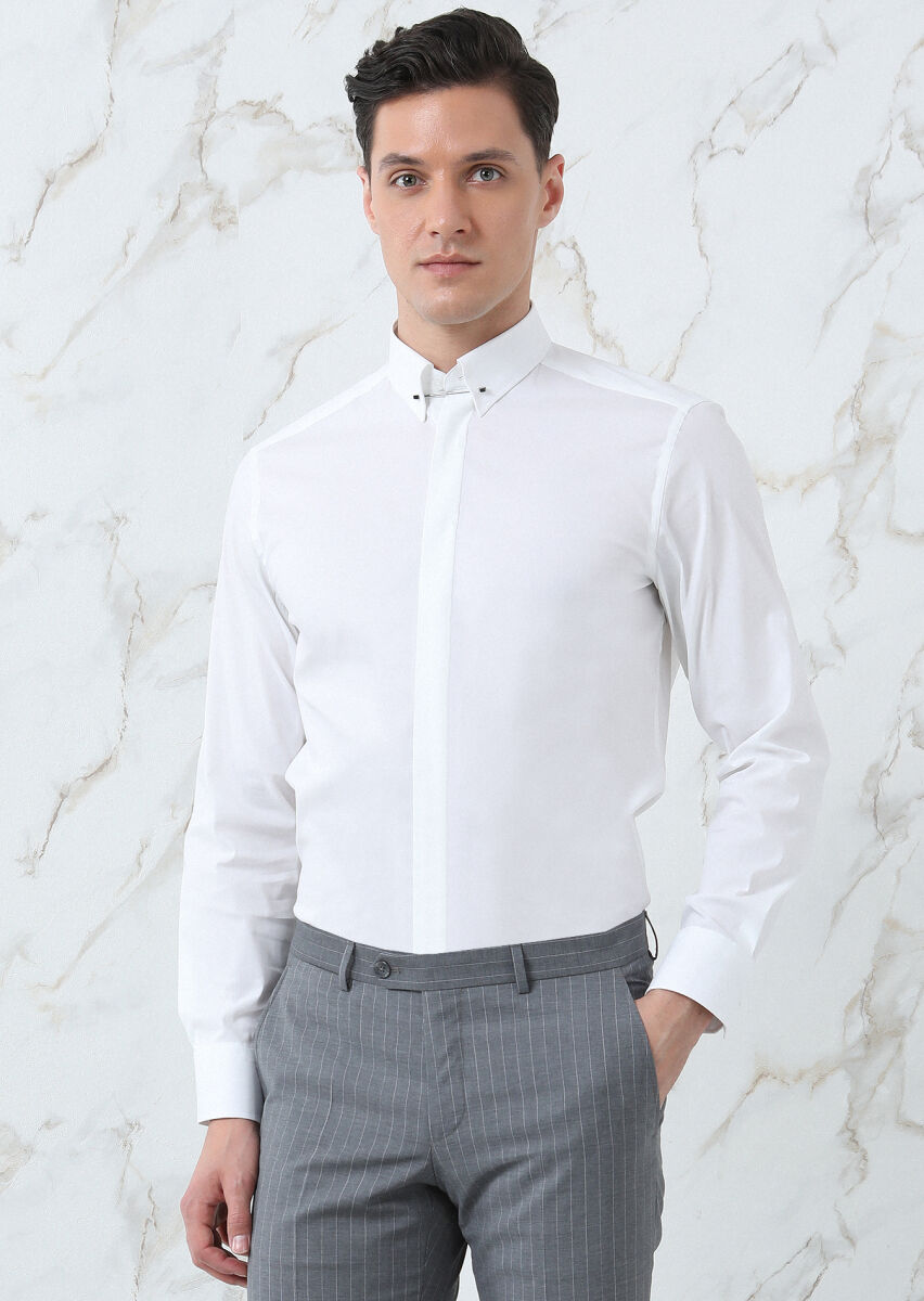 Beyaz Düz Slim Fit Uzun Dokuma Klasik Pamuk Karışımlı Gömlek - 1