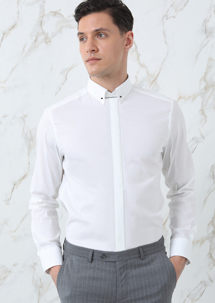 Beyaz Düz Slim Fit Uzun Dokuma Klasik Pamuk Karışımlı Gömlek - 2