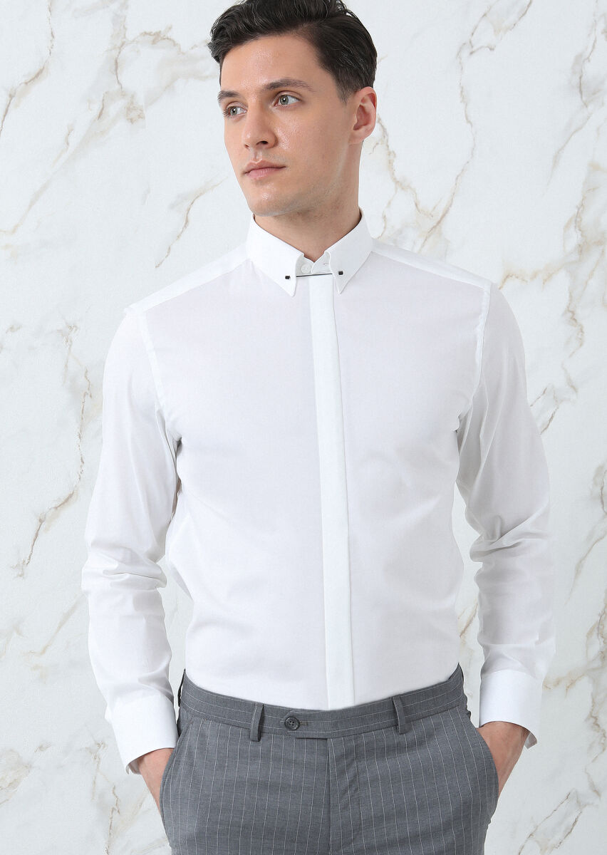 Beyaz Düz Slim Fit Uzun Dokuma Klasik Pamuk Karışımlı Gömlek - 2