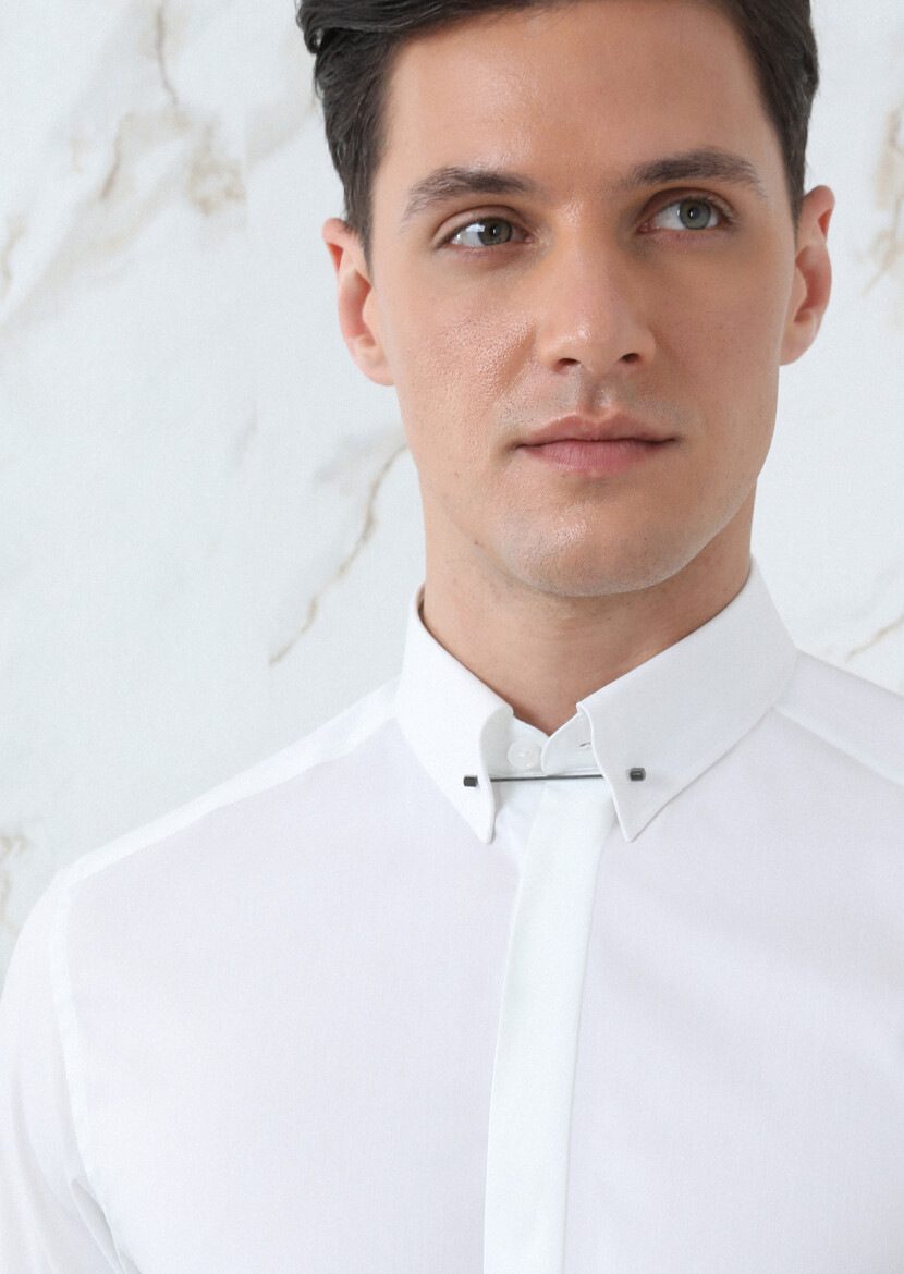 Beyaz Düz Slim Fit Uzun Dokuma Klasik Pamuk Karışımlı Gömlek - 3