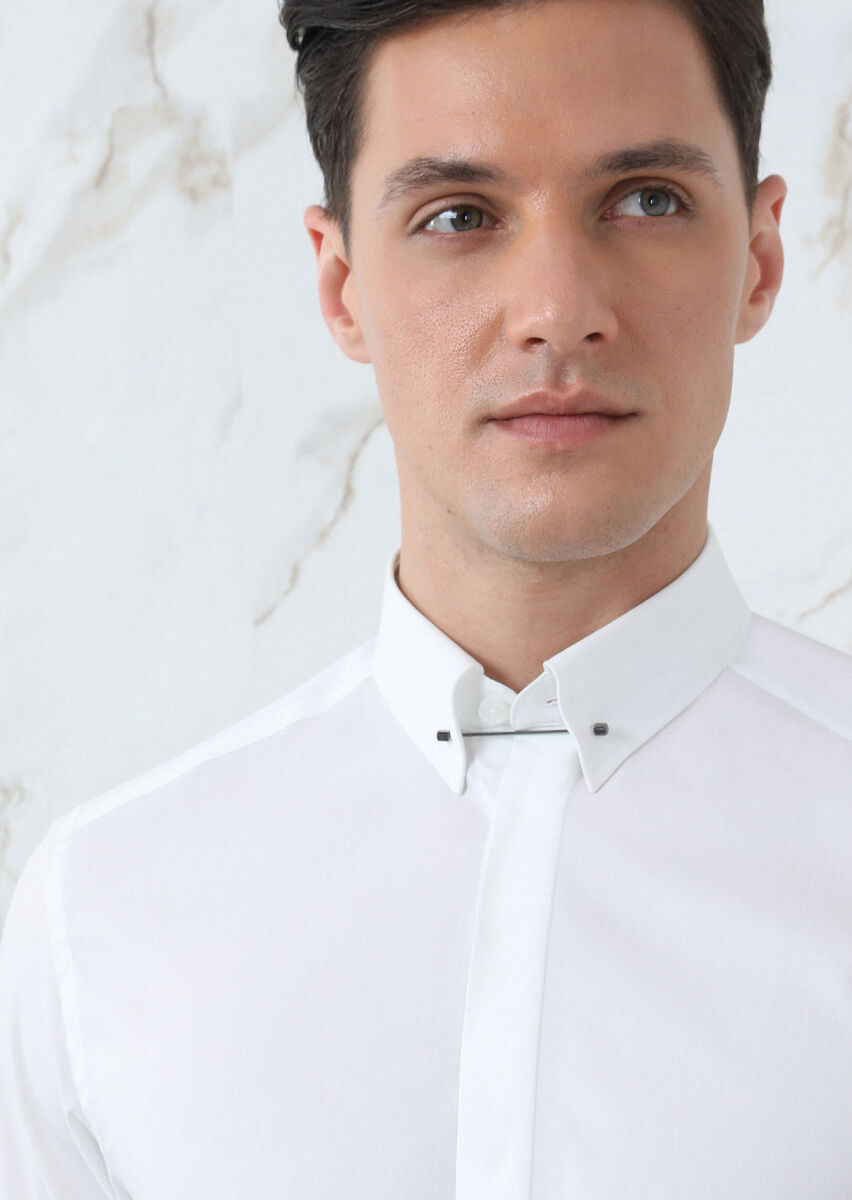Beyaz Düz Slim Fit Uzun Dokuma Klasik Pamuk Karışımlı Gömlek - 3