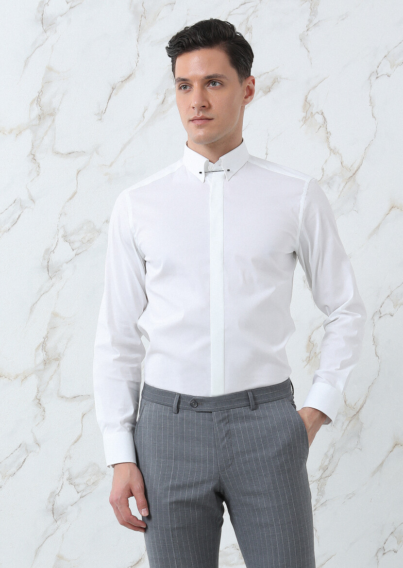 Beyaz Düz Slim Fit Uzun Dokuma Klasik Pamuk Karışımlı Gömlek - 4