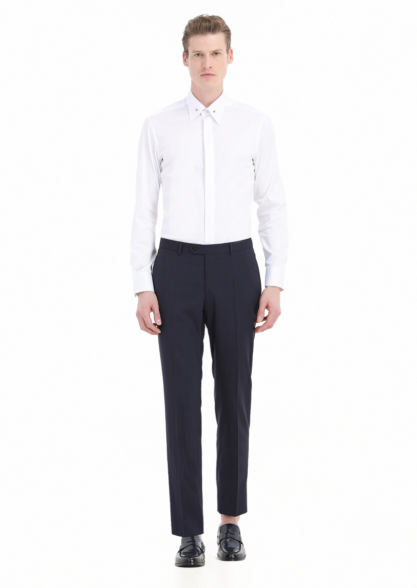 Beyaz Düz Slim Fit Uzun Dokuma Klasik Pamuk Karışımlı Gömlek - 1