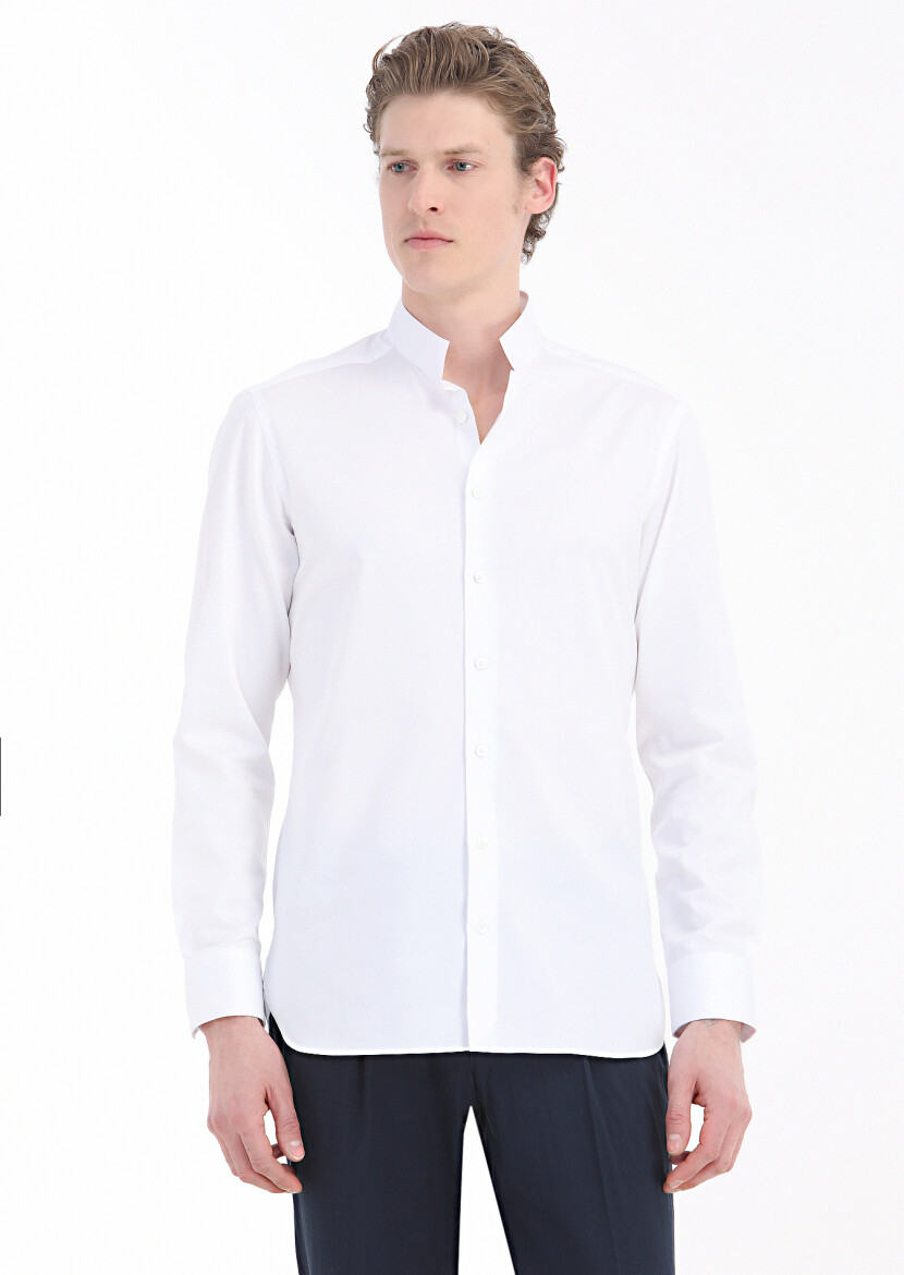 Beyaz Düz Slim Fit Uzun Dokuma Klasik Pamuk Karışımlı Gömlek - 2