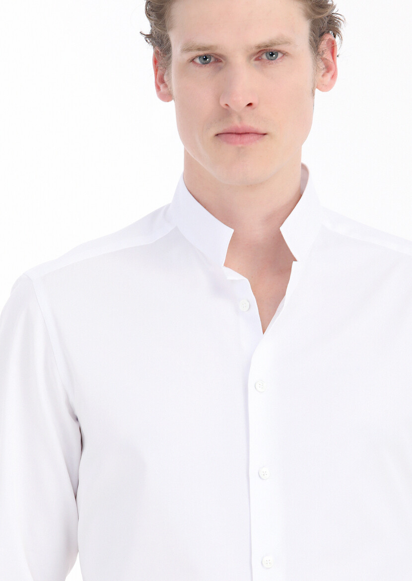 Beyaz Düz Slim Fit Uzun Dokuma Klasik Pamuk Karışımlı Gömlek - 4
