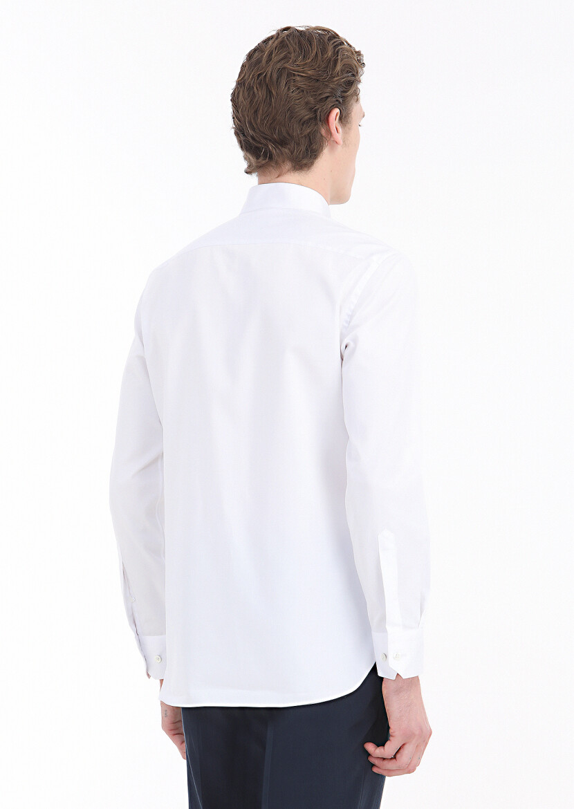 Beyaz Düz Slim Fit Uzun Dokuma Klasik Pamuk Karışımlı Gömlek - 7