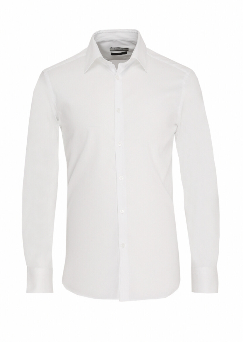 Beyaz Düz Slim Fit Uzun Dokuma Klasik Pamuk Karışımlı Gömlek 