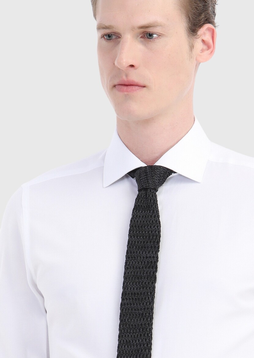 Beyaz Düz Slim Fit Uzun Dokuma Klasik Pamuk Karışımlı Gömlek - 3