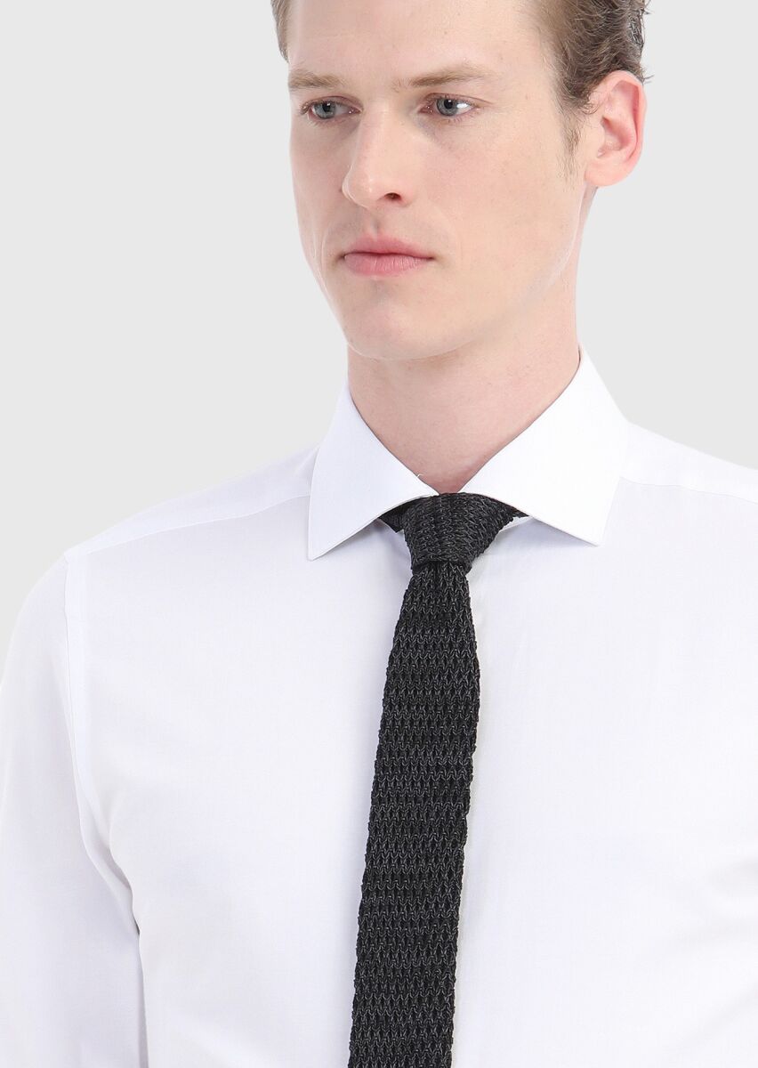 Beyaz Düz Slim Fit Uzun Dokuma Klasik Pamuk Karışımlı Gömlek - 3