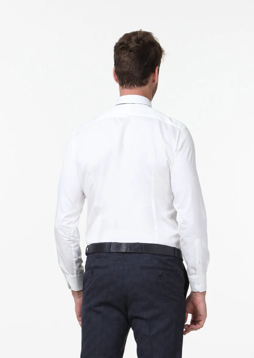 Beyaz Düz Super Slim Fit Dokuma Klasik %100 Pamuk Gömlek - 4