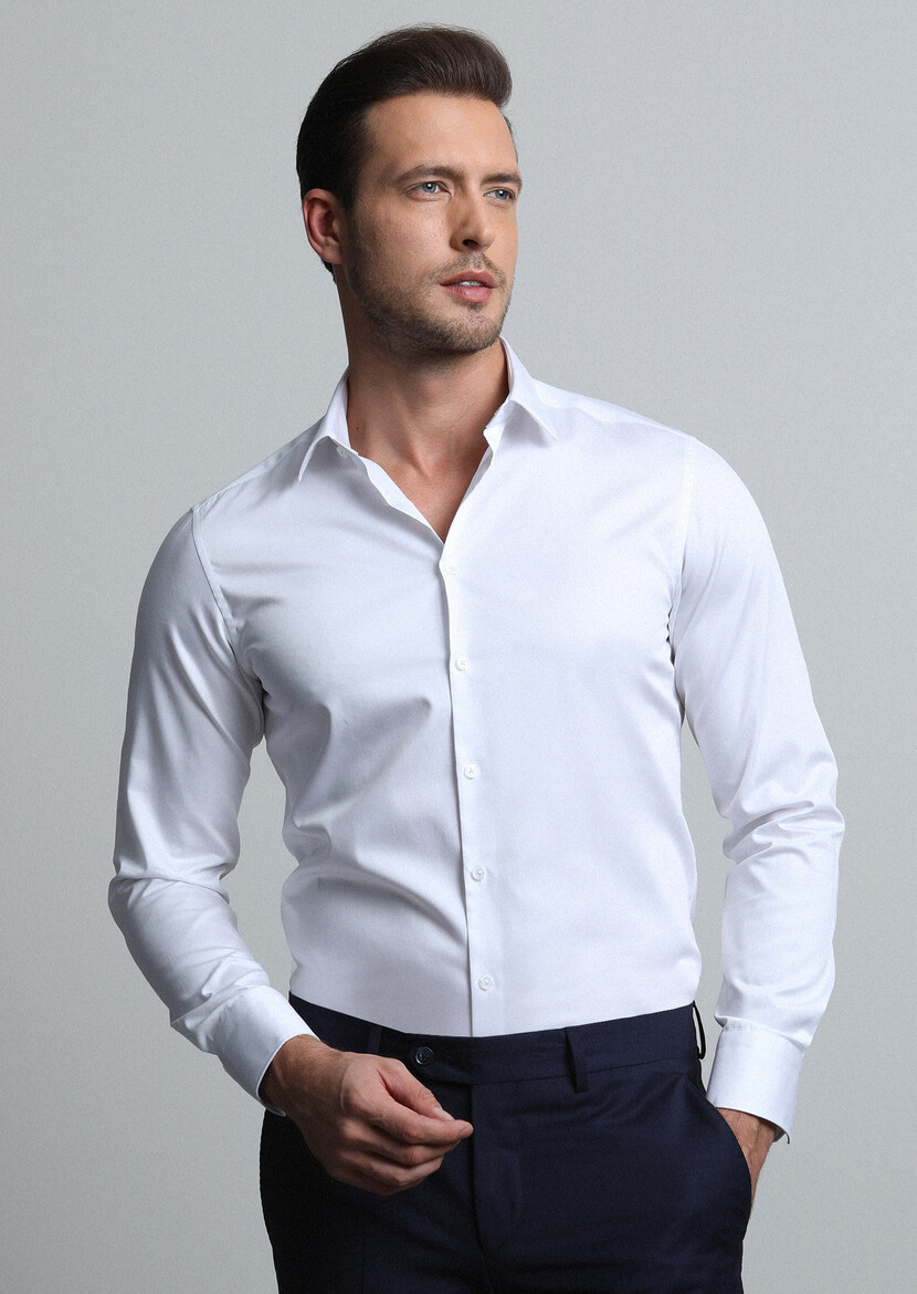 Beyaz Düz Super Slim Fit Dokuma Klasik %100 Pamuk Gömlek - 2