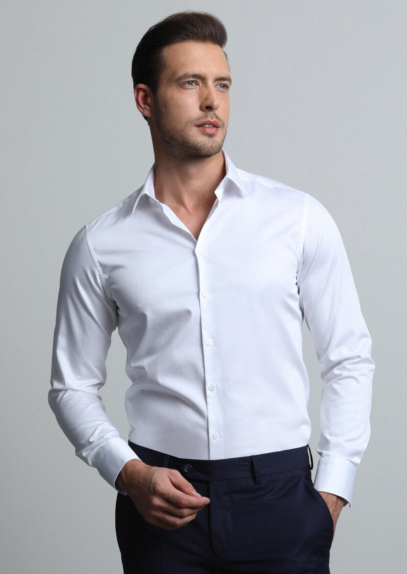 Beyaz Düz Super Slm Fit Dokuma Klasik %100 Pamuk Gömlek - 2