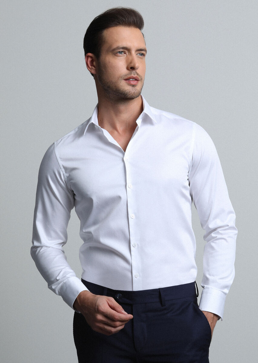 Beyaz Düz Super Slm Fit Dokuma Klasik %100 Pamuk Gömlek - 2