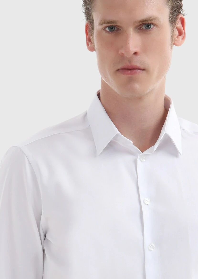 Beyaz Düz Super Slm Fit Dokuma Klasik %100 Pamuk Gömlek - 5