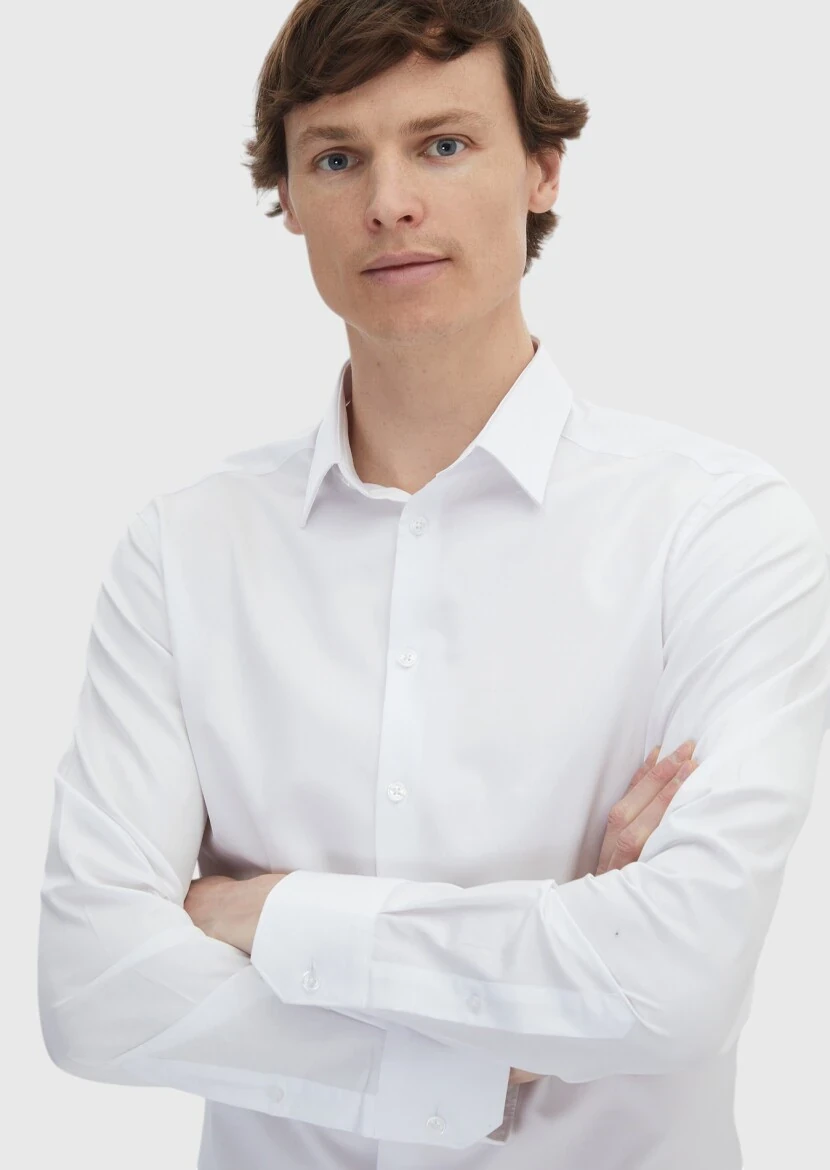 Beyaz Düz Super Slm Fit Dokuma Klasik %100 Pamuk Gömlek - 3