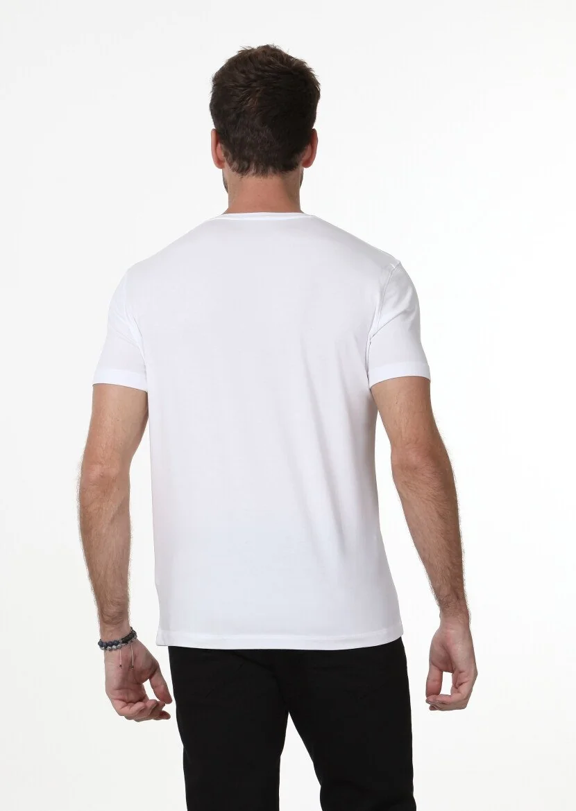 Beyaz Düz V Yaka Pamuk Karışımlı T-Shirt - 4