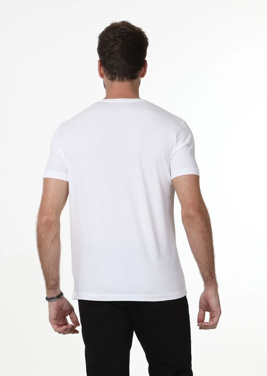 Beyaz Düz V Yaka Pamuk Karışımlı T-Shirt - 4