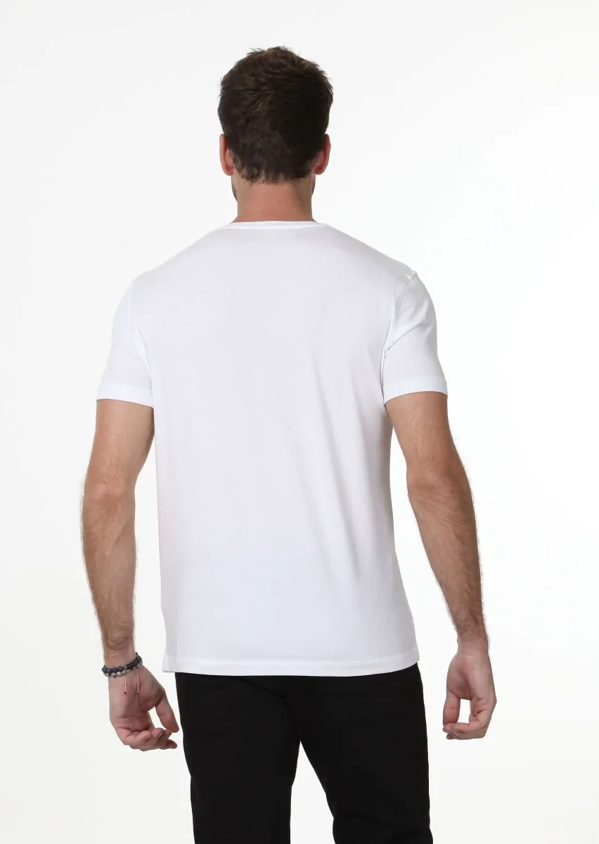 Beyaz Düz V Yaka Pamuk Karışımlı T-Shirt - 4