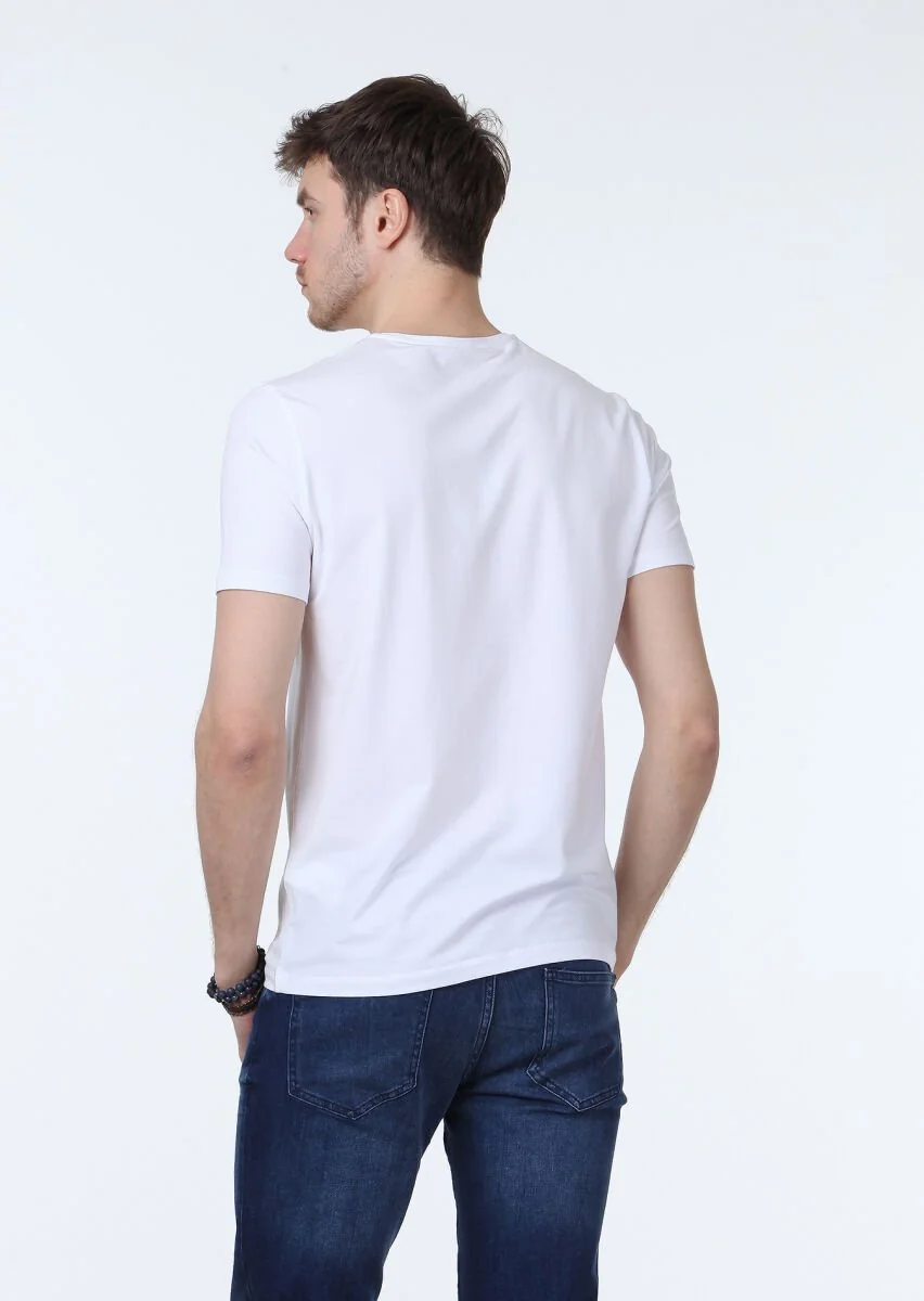 Beyaz Düz V Yaka Pamuk Karışımlı T-Shirt - 4