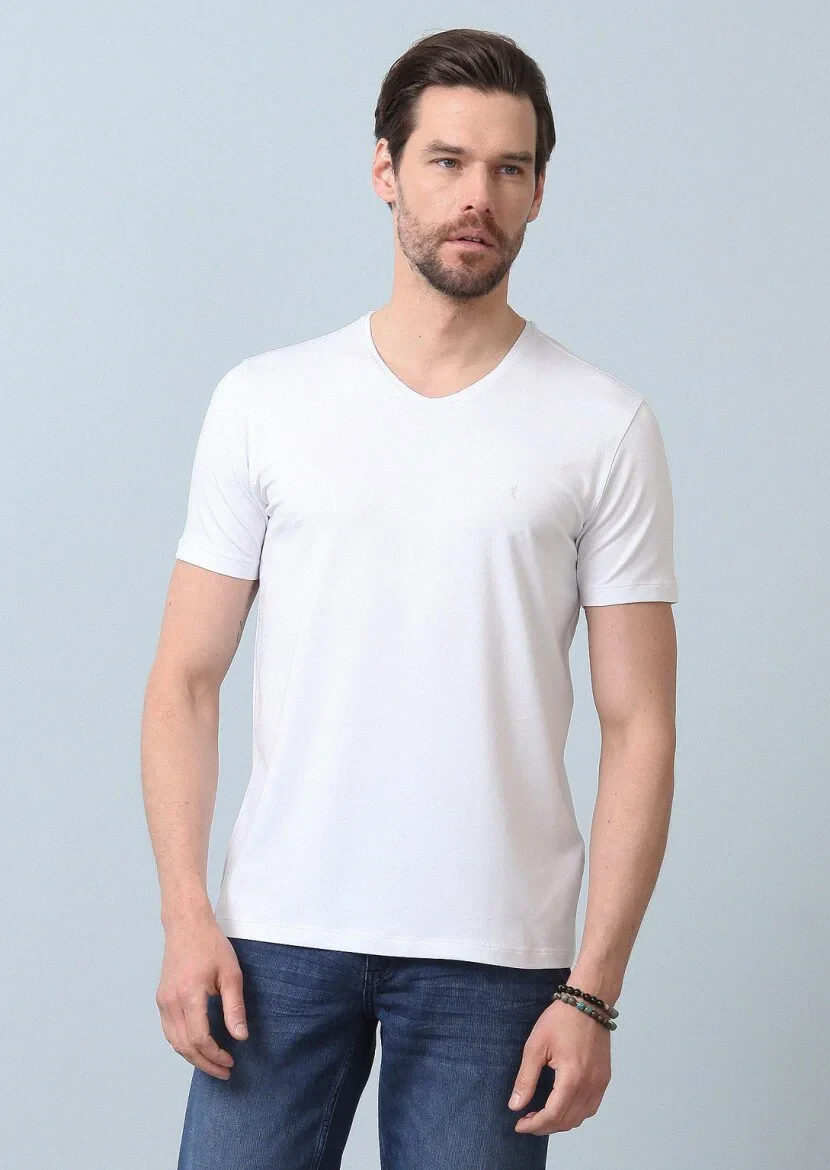 Beyaz Düz V Yaka Pamuk Karışımlı T-Shirt 