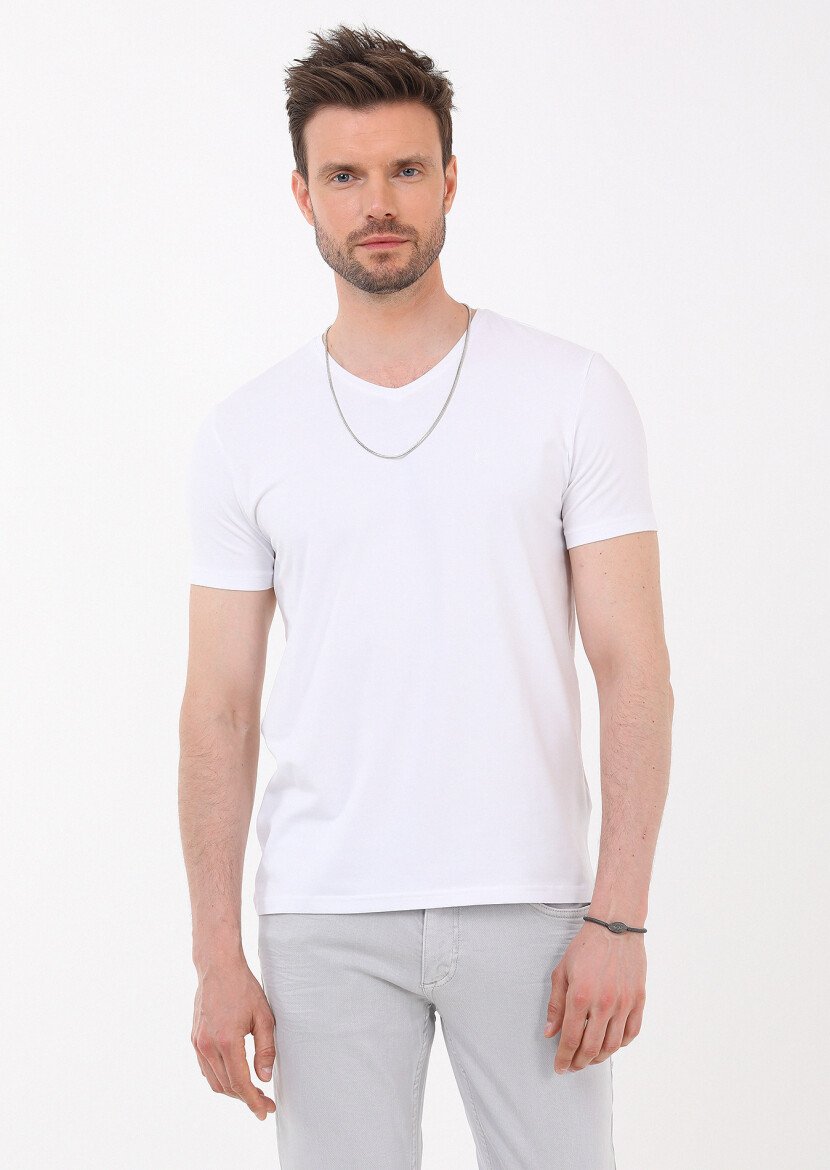 Beyaz Düz V Yaka Pamuk Karışımlı T-Shirt - 3