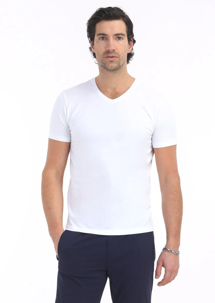 Beyaz Düz V Yaka Pamuk Karışımlı T-Shirt 