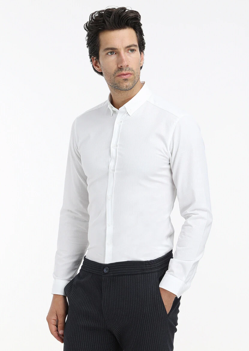 Beyaz Fitilli Regular Fit Dokuma Casual %100 Pamuk Gömlek 