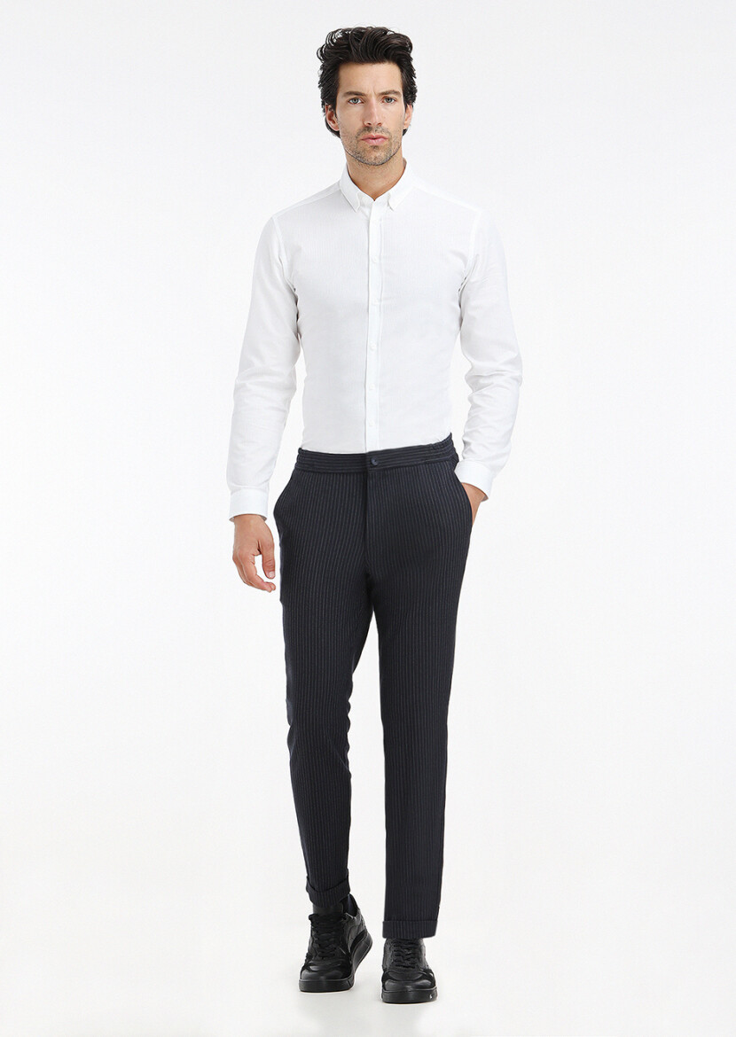 Beyaz Fitilli Regular Fit Uzun Dokuma Casual %100 Pamuk Gömlek - 1