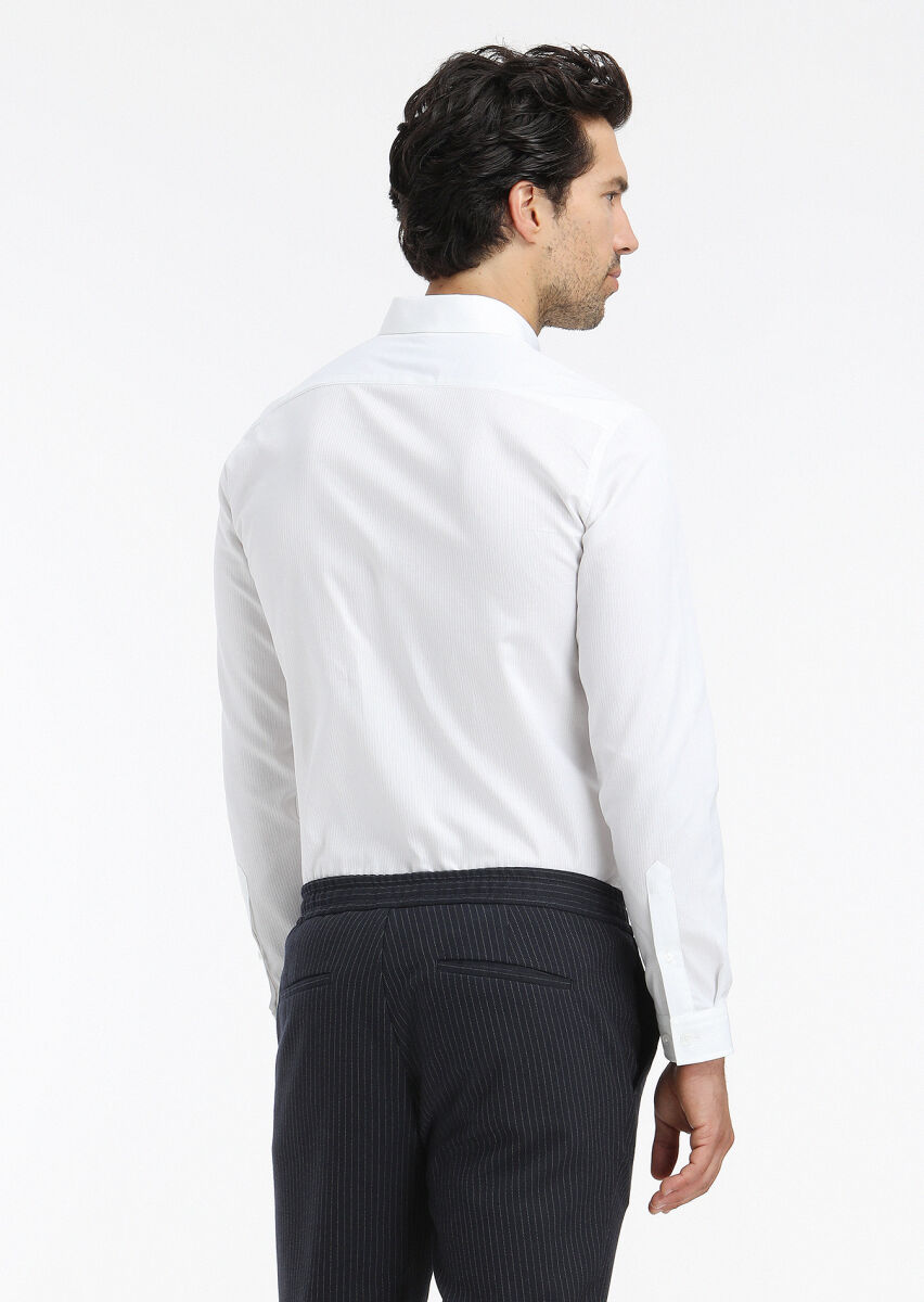 Beyaz Fitilli Regular Fit Uzun Dokuma Casual %100 Pamuk Gömlek - 5