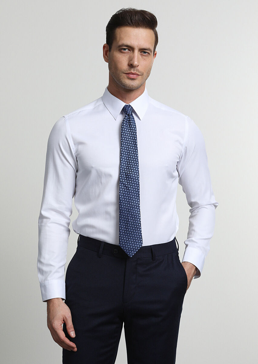 Beyaz Fitted Fit Dokuma Klasik Pamuk Karışımlı Gömlek - 1