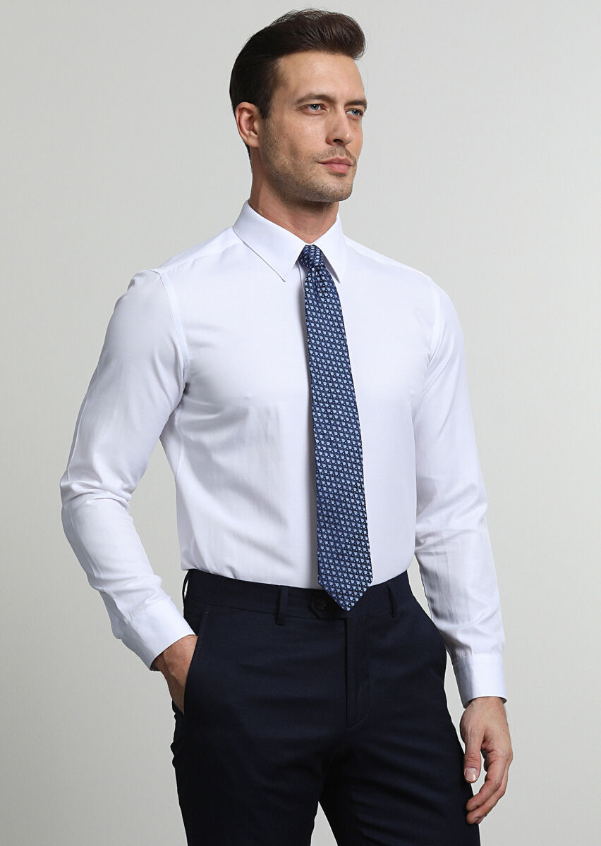 Beyaz Fitted Fit Dokuma Klasik Pamuk Karışımlı Gömlek - 3