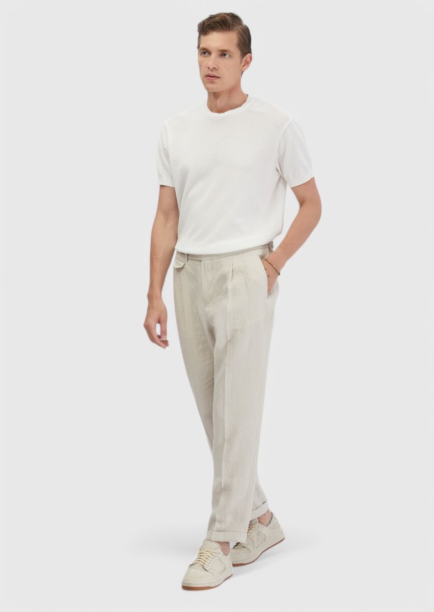 Beyaz Jakarlı Bisiklet Yaka %100 Pamuk T-Shirt - 3