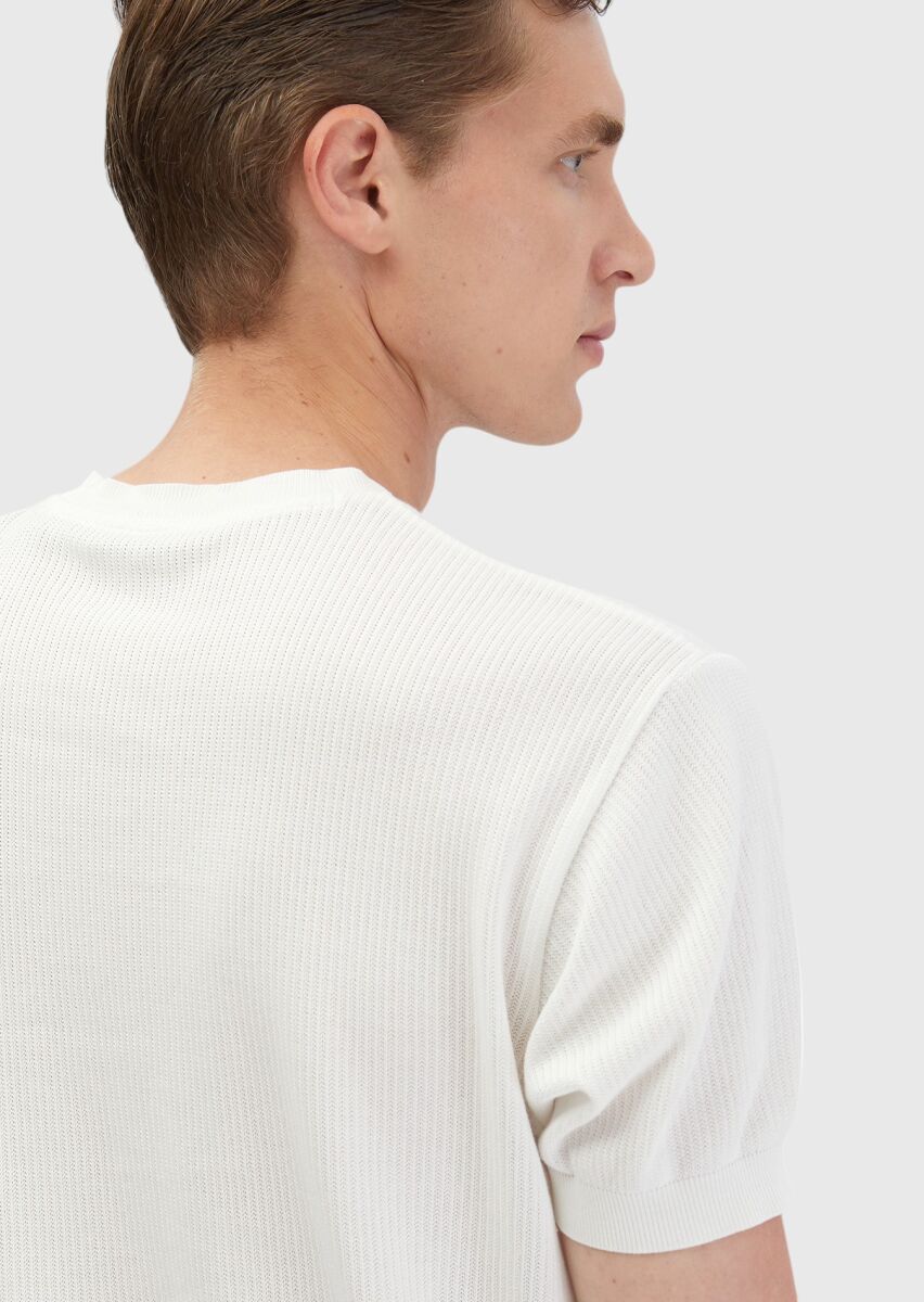 Beyaz Jakarlı Bisiklet Yaka %100 Pamuk T-Shirt - 5