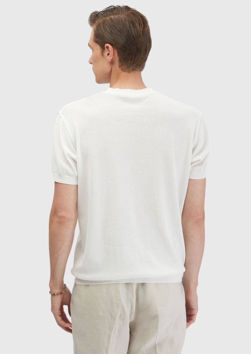 Beyaz Jakarlı Bisiklet Yaka %100 Pamuk T-Shirt - 6