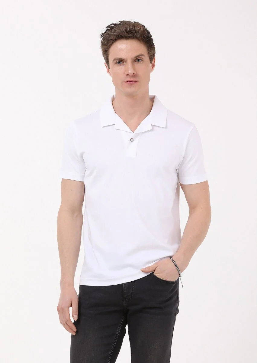 Beyaz Jakarlı Küba Yaka %100 Pamuk T-Shirt - 1