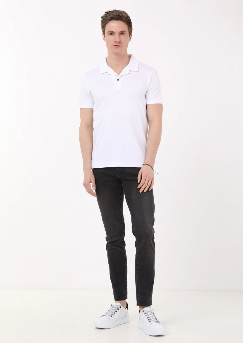Beyaz Jakarlı Küba Yaka %100 Pamuk T-Shirt - 4