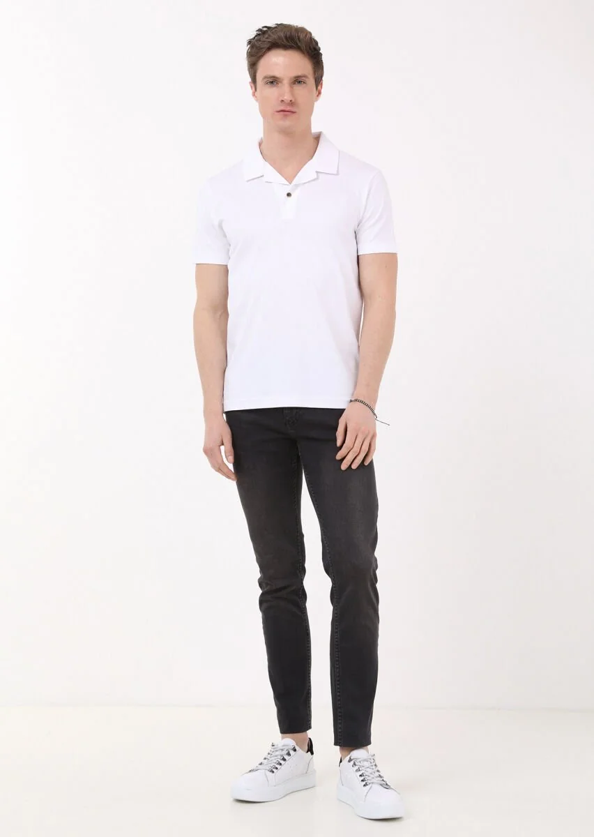 Beyaz Jakarlı Küba Yaka %100 Pamuk T-Shirt - 4