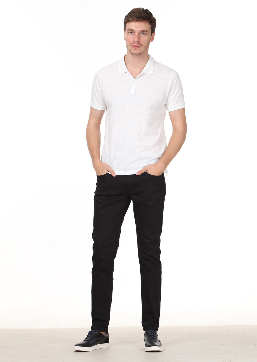 Beyaz Jakarlı Polo Yaka %100 Pamuk T-Shirt - 3