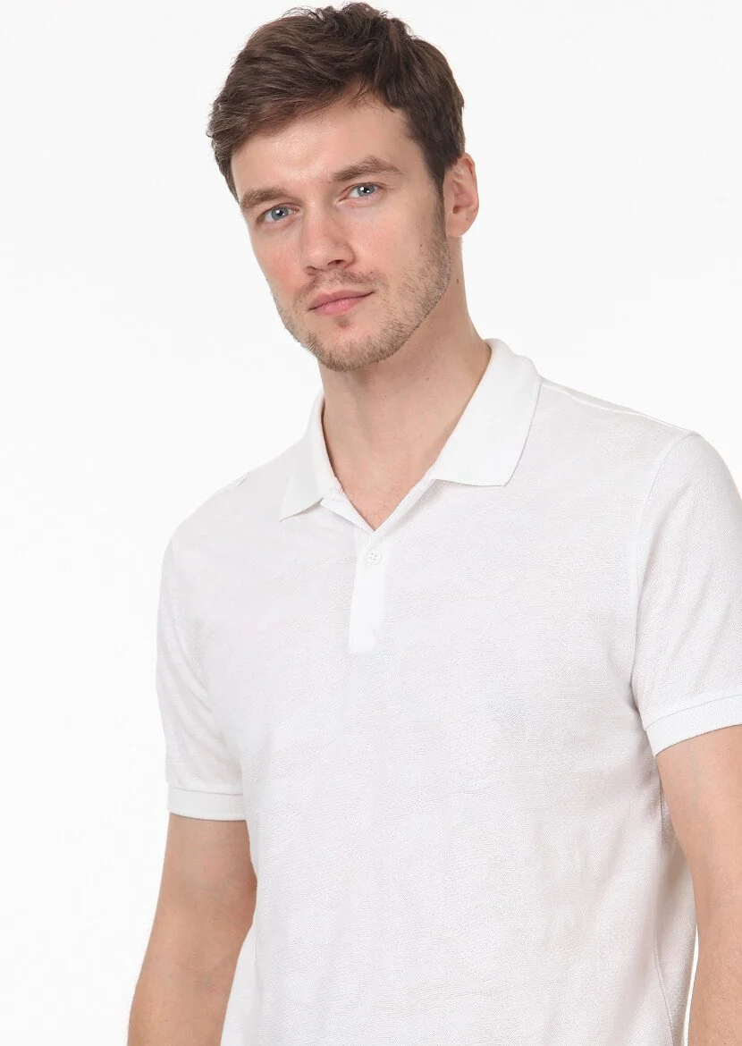 Beyaz Jakarlı Polo Yaka %100 Pamuk T-Shirt 