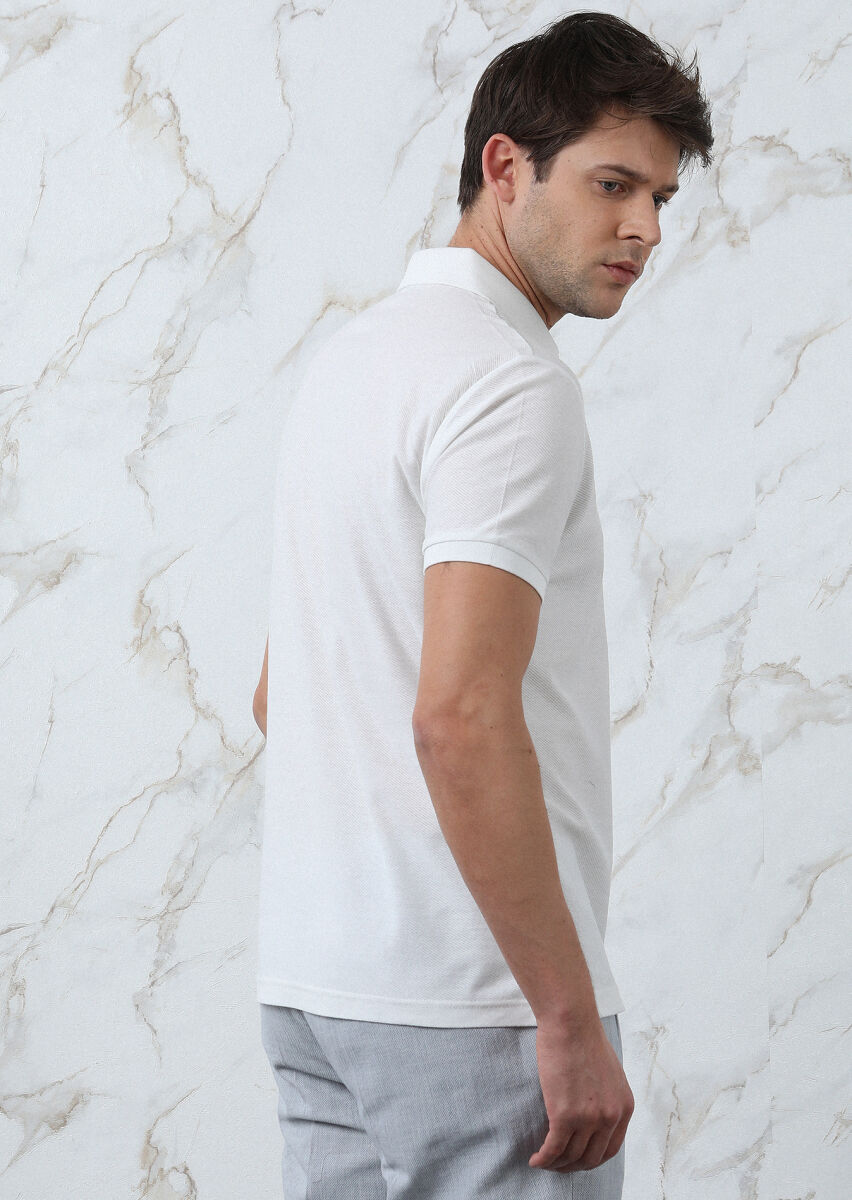 Beyaz Jakarlı Polo Yaka %100 Pamuk T-Shirt - 5