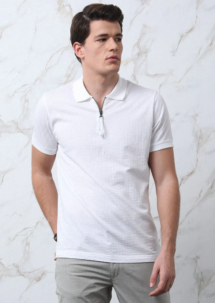 Beyaz Jakarlı Polo Yaka %100 Pamuk T-Shirt - 1