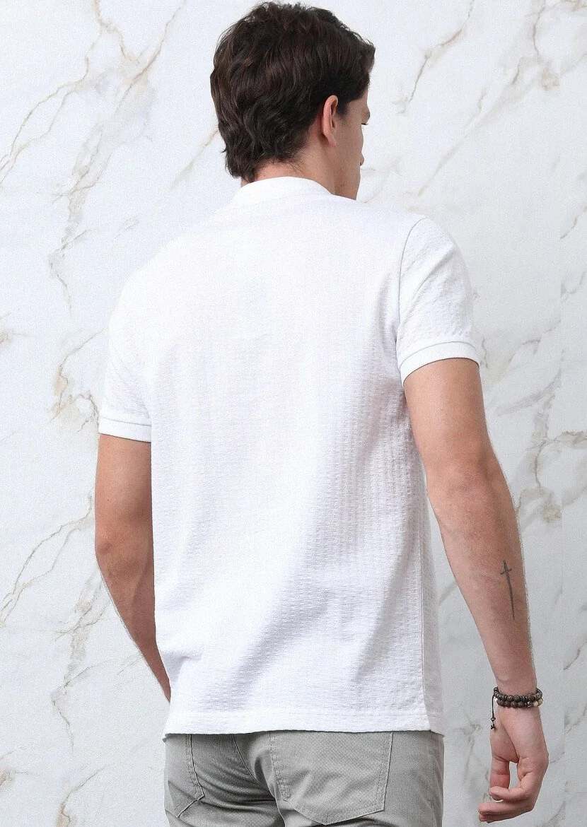 Beyaz Jakarlı Polo Yaka %100 Pamuk T-Shirt - 5
