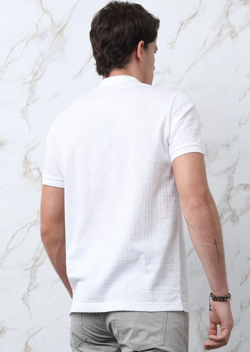 Beyaz Jakarlı Polo Yaka %100 Pamuk T-Shirt - 5