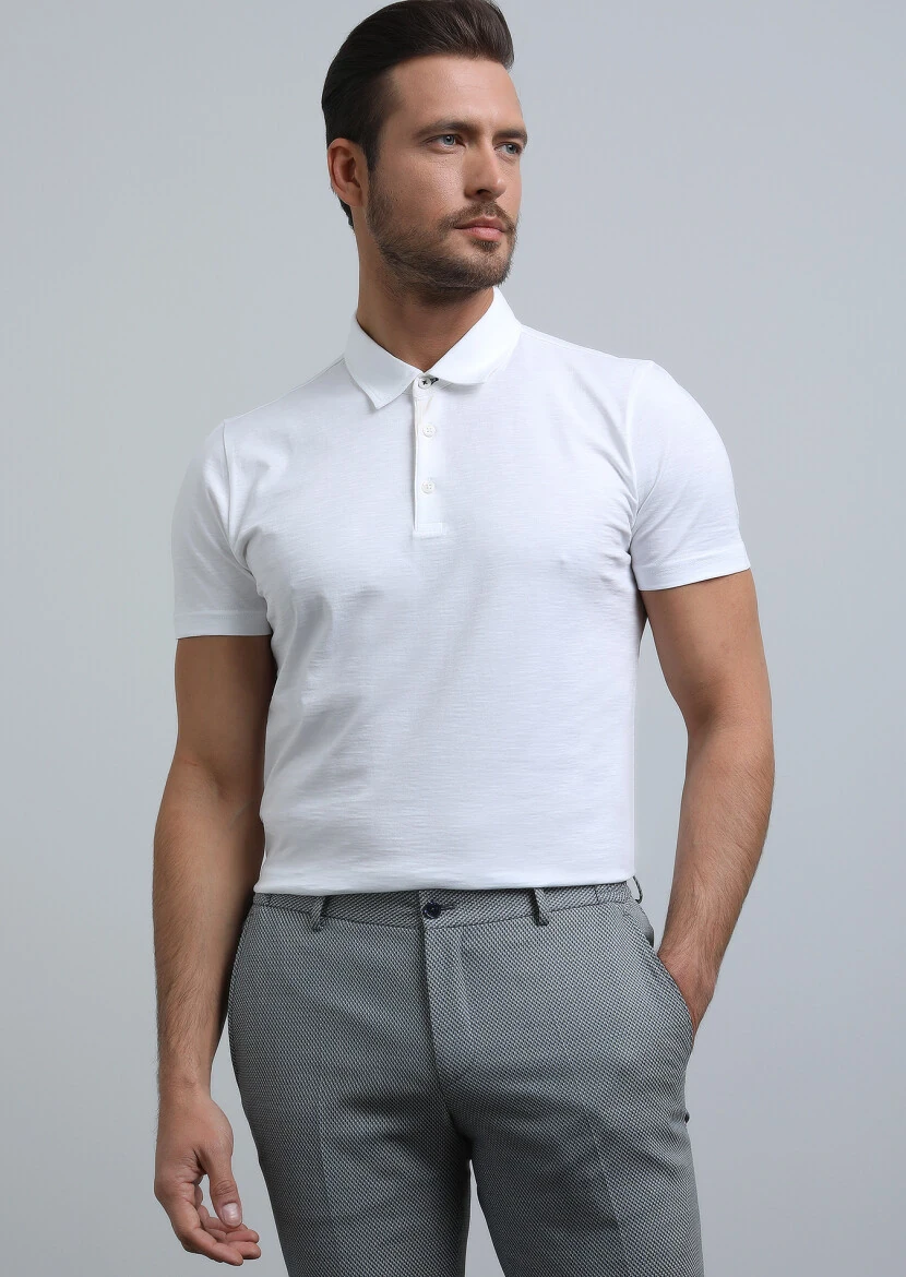 Beyaz Jakarlı Polo Yaka %100 Pamuk T-Shirt 