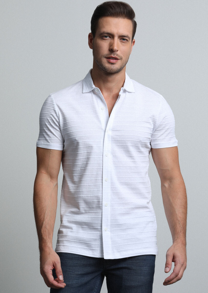 Beyaz Jakarlı Polo Yaka %100 Pamuk T-Shirt - 4