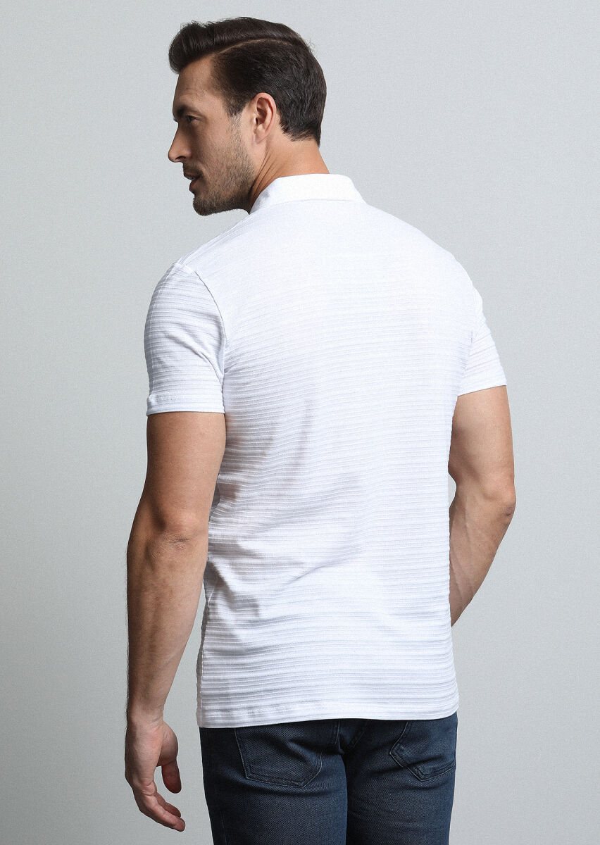 Beyaz Jakarlı Polo Yaka %100 Pamuk T-Shirt - 5