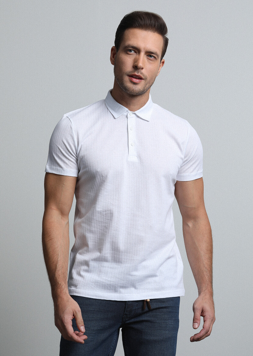 Beyaz Jakarlı Polo Yaka %100 Pamuk T-Shirt - 3