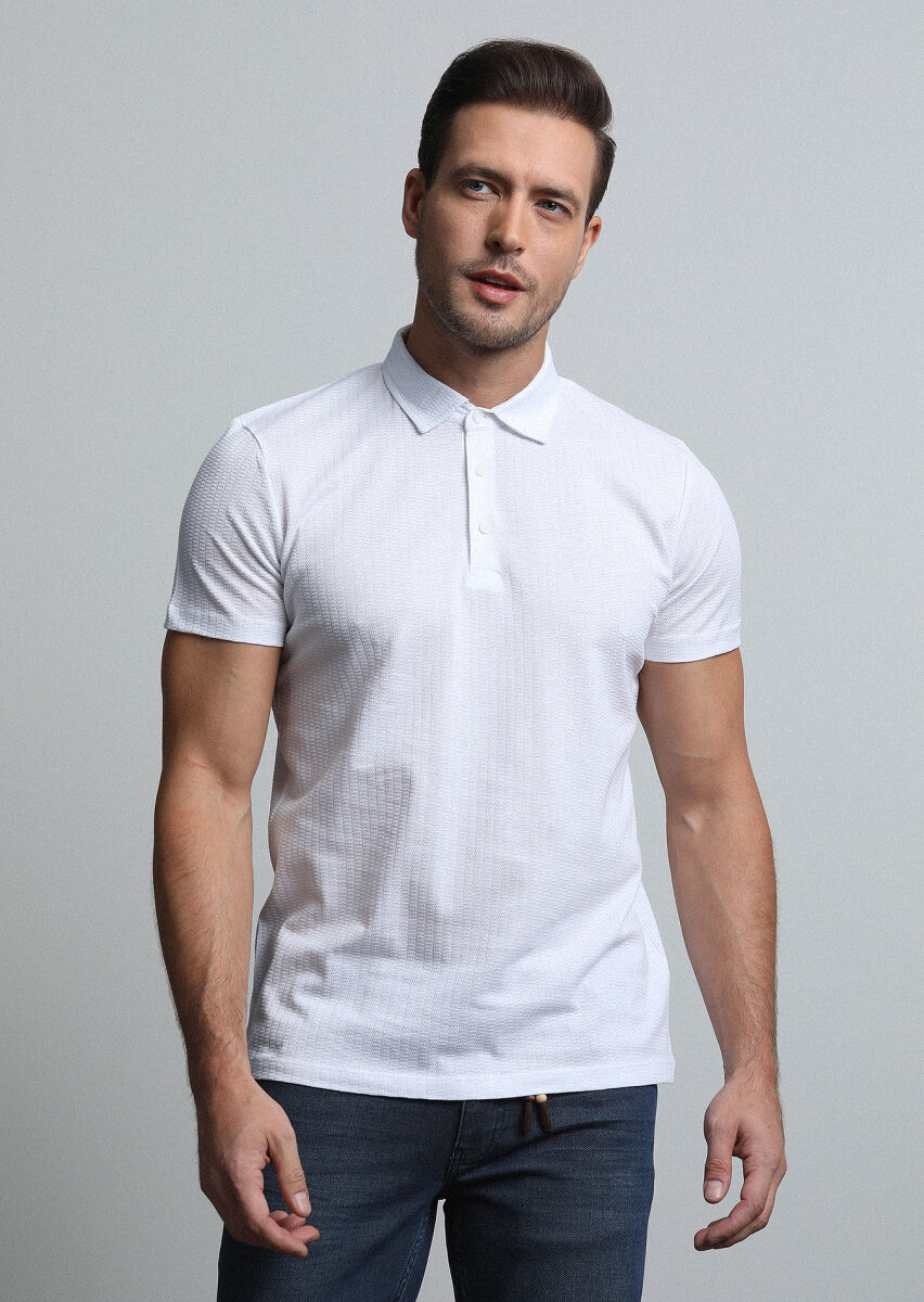 Beyaz Jakarlı Polo Yaka %100 Pamuk T-Shirt - 3