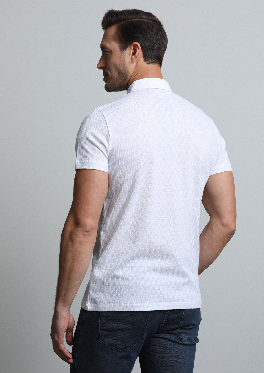Beyaz Jakarlı Polo Yaka %100 Pamuk T-Shirt - 4