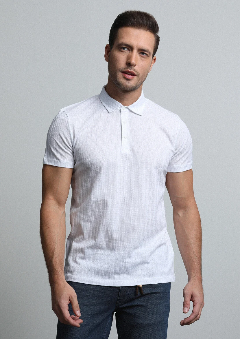 Beyaz Jakarlı Polo Yaka %100 Pamuk T-Shirt - 3